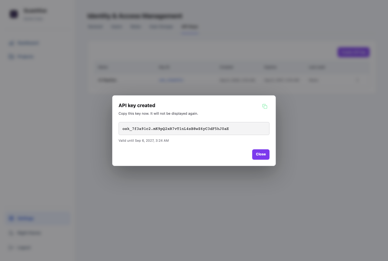ScanHive API key created dialog showing the key once