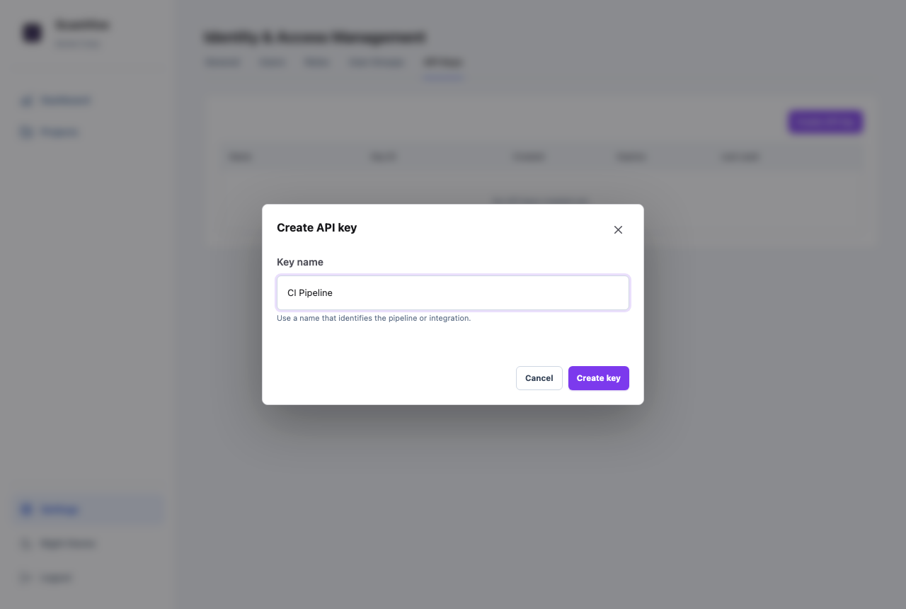 ScanHive Create API key dialog