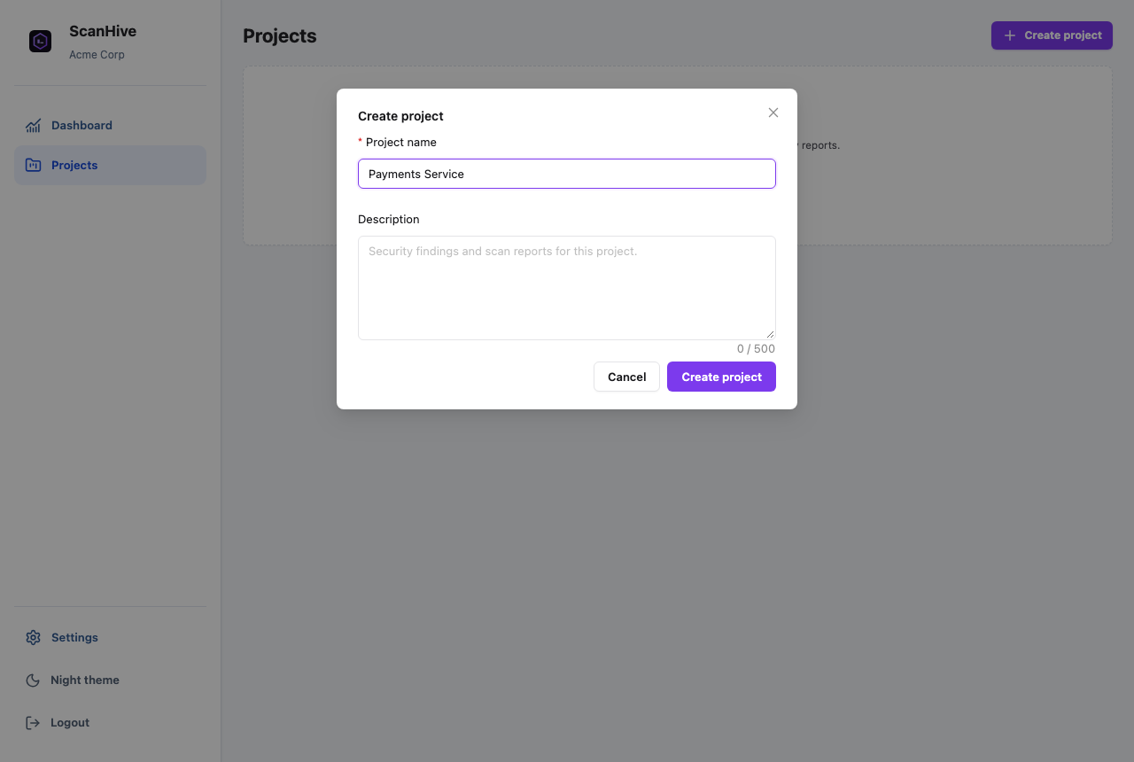 ScanHive Create project dialog with the name field filled in