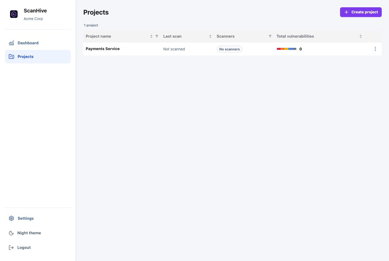 ScanHive projects list showing the newly created project